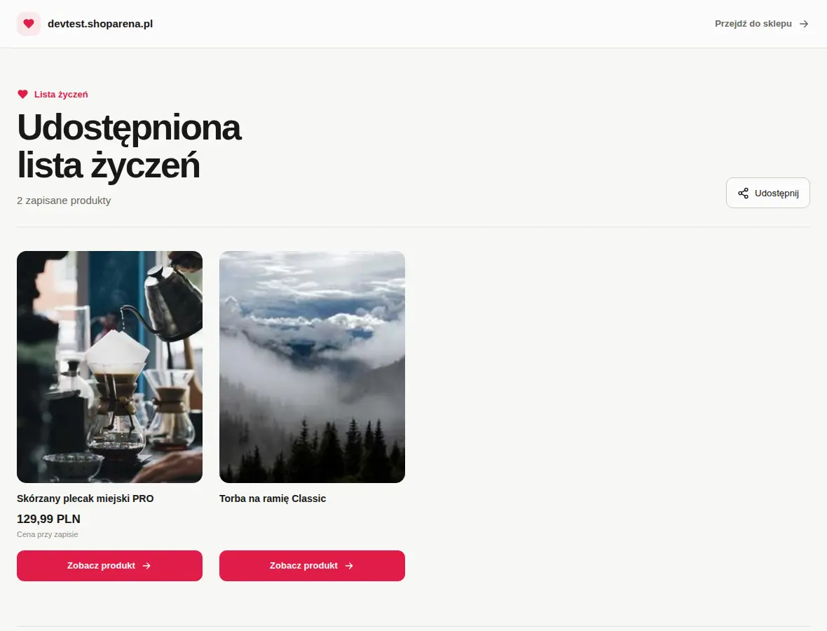 Udostępniona lista GrowWish z dwoma produktami i bezpośrednimi przejściami do sklepu