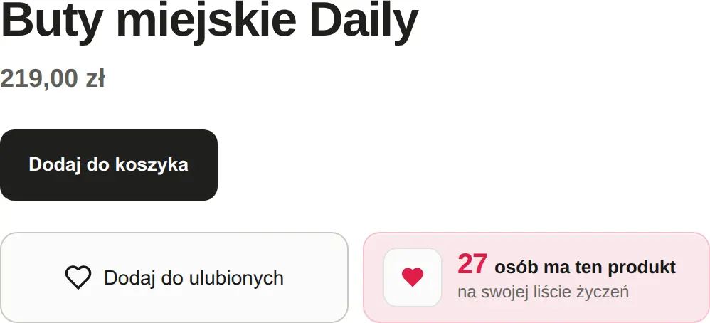 Moduł GrowWish z przyciskiem dodania do listy i rzeczywistą liczbą zapisów produktu